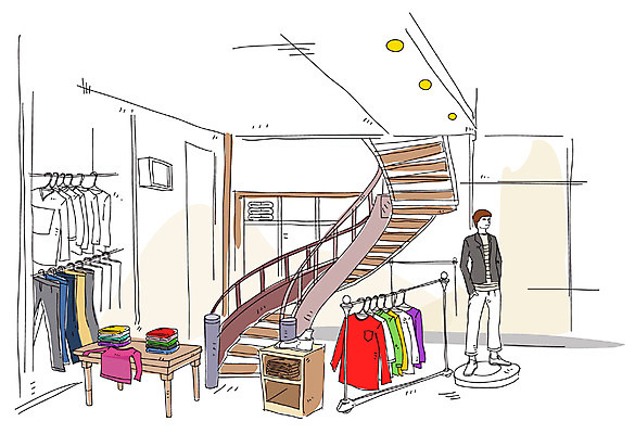 EPS 백그라운드 의자 일러스트 탁자 실내 나선형계단 풍경 사람없음 인테리어 상점 도시 옷걸이 마네킹 옷가게 국내일러스트 디자인 옷 가구 내부 계단 파일형식 벡터