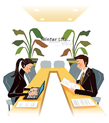 EPS 라이프스타일 계절 여자 남자 화분 겨울 일러스트 비즈니스 회의 실내 사람 두명 라이프 생활 노트북 비즈니스맨 비즈니스우먼 회의실 문서 국내일러스트 내부 전자제품 직장인 파일형식 벡터