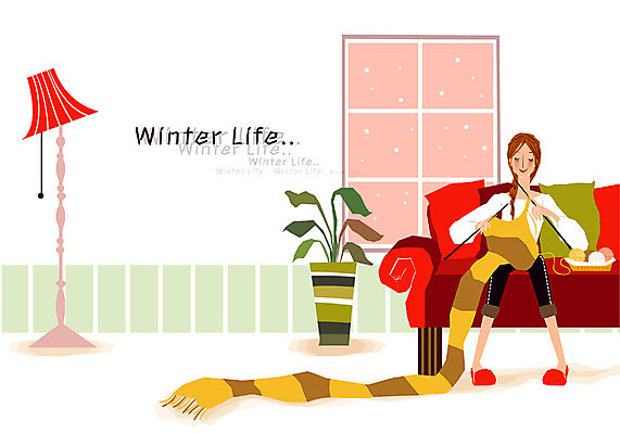 EPS 우먼라이프 라이프스타일 계절 여자 화분 겨울 거실 일러스트 창문 휴식 실내 한명 사람 성인 취미 라이프 생활 소파 목도리 스탠드 뜨개질 털실 목도리짜기 안식처 여자만 여자한명만 성인여자만 성인만 국내일러스트 1 잡화 컨셉 의자 조명 내부 실 파일형식 벡터