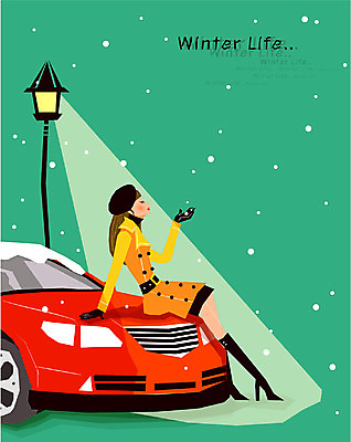 EPS 우먼라이프 라이프스타일 계절 공공시설 여자 여유 겨울 가로등 일러스트 자동차 한명 사람 성인 야외 라이프 생활 눈 여자만 여자한명만 성인여자만 성인만 국내일러스트 자연요소 1 감정 육상교통 날씨 시설 파일형식 벡터