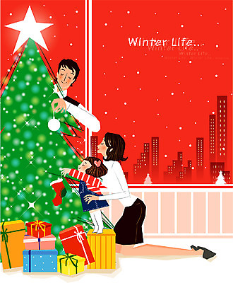 EPS 라이프스타일 계절 여자 기념일 남자 종교 어린이 크리스마스 겨울 거실 야경 일러스트 가족 양말 실내 선물 사람 라이프 생활 장식 세명 크리스마스트리 화목 도시 어린이만 국내일러스트 컨셉 관계 이벤트 내부 야간 파일형식 벡터 풍경_경치
