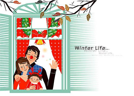 EPS 라이프스타일 계절 여자 남자 어린이 크리스마스 겨울 일러스트 창문 가족 사람 라이프 생활 장식 세명 화목 종 나뭇가지 장식리스 어린이만 국내일러스트 나무 기념일 컨셉 관계 화환 파일형식 벡터