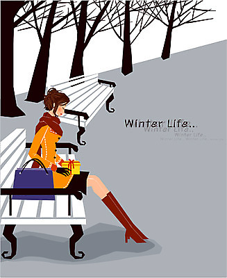 EPS 나무 우먼라이프 라이프스타일 계절 여자 겨울 벤치 일러스트 거리 선물 한명 사람 성인 야외 라이프 생활 쇼핑백 여자만 여자한명만 성인여자만 성인만 국내일러스트 식물 1 의자 가방 파일형식 벡터