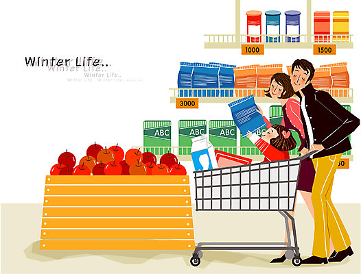 EPS 라이프스타일 계절 여자 남자 어린이 음식 겨울 과일 일러스트 가족 실내 사람 라이프 생활 세명 쇼핑 카트 쇼핑카 마트 슈퍼 대형마트 할인마트 어린이만 국내일러스트 관계 내부 상점 파일형식 벡터