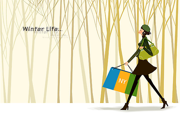 EPS 나무 우먼라이프 라이프스타일 계절 여자 패션 겨울 일러스트 한명 사람 성인 야외 라이프 생활 쇼핑 쇼핑백 숲 여자만 여자한명만 성인여자만 성인만 국내일러스트 식물 1 가방 파일형식 벡터