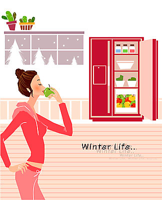 EPS 우먼라이프 라이프스타일 웰빙 계절 여자 겨울 다이어트 일러스트 창문 실내 건강 한명 사람 성인 라이프 생활 운동복 사과 냉장고 안식처 여자만 여자한명만 성인여자만 성인만 국내일러스트 1 옷 과일 휴식 내부 가전제품 파일형식 벡터