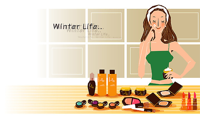 EPS 우먼라이프 라이프스타일 계절 여자 겨울 일러스트 실내 한명 사람 성인 라이프 생활 화장 뷰티 화장품 화장대 여자만 여자한명만 성인여자만 성인만 국내일러스트 1 가구 내부 파일형식 벡터