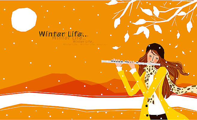 EPS 우먼라이프 라이프스타일 계절 여자 음악 겨울 연주 일러스트 관악기 한명 사람 성인 야외 라이프 생활 보름달 플루트 여자만 여자한명만 성인여자만 성인만 국내일러스트 1 악기 문화예술 달 파일형식 벡터