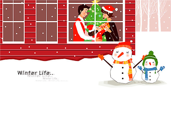 EPS 나무 라이프스타일 계절 여자 남자 어린이 겨울 일러스트 창문 가족 눈사람 주택 선물 사람 라이프 생활 세명 화목 어린이만 국내일러스트 식물 컨셉 관계 건물 파일형식 벡터