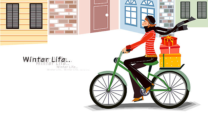 EPS 우먼라이프 라이프스타일 계절 여자 여유 겨울 일러스트 실내 선물 한명 사람 성인 라이프 생활 마을 자전거 골목길 여자만 여자한명만 성인여자만 성인만 국내일러스트 1 감정 길 내부 바이크 파일형식 벡터