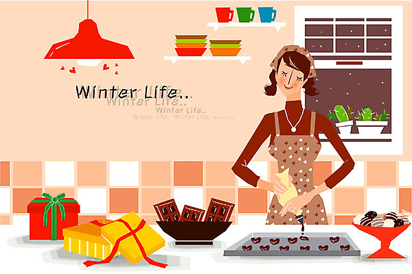 EPS 우먼라이프 라이프스타일 계절 여자 가사 겨울 일러스트 창문 전등 실내 발렌타인데이 선물 요리 한명 사람 성인 라이프 생활 주방 초콜릿 안식처 포장상자 여자만 여자한명만 성인여자만 성인만 국내일러스트 1 데이이벤트 휴식 디저트 조명 내부 상자 파일형식 벡터