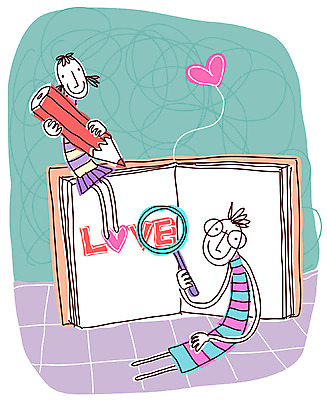 EPS 커플 여자 남자 일러스트 돋보기 실내 사랑 사람 두명 책 연필 국내일러스트 감정 관계 학용품 내부 필기구 파일형식 벡터