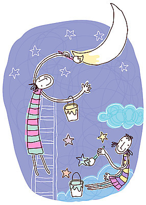 EPS 캐릭터 커플 여자 남자 별 데이트 일러스트 상상 놀이 사랑 사람 야외 두명 페인트 달 붓 색칠 야간 상상캐릭터 일러캐릭터 자연요소 감정 관계 파일형식 벡터