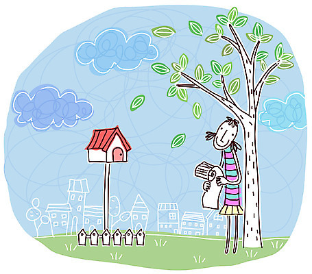 EPS 주간 나무 구름 커플 여자 백그라운드 일러스트 사랑 한명 사람 성인 야외 우체통 편지 설레임 여자만 여자한명만 성인여자만 성인만 국내일러스트 자연요소 식물 1 감정 관계 파일형식 벡터