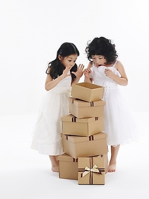 포토 JPG 스튜디오촬영 전신 드레스 여자 어린이 포즈 선물 누끼 사람 소녀 이벤트 두명 친구 선물상자 상자 파티 놀람 한국인 여자만 어린이만 소녀만 국내포토 옷 감정 관계 실내 표정 동양인 파일형식