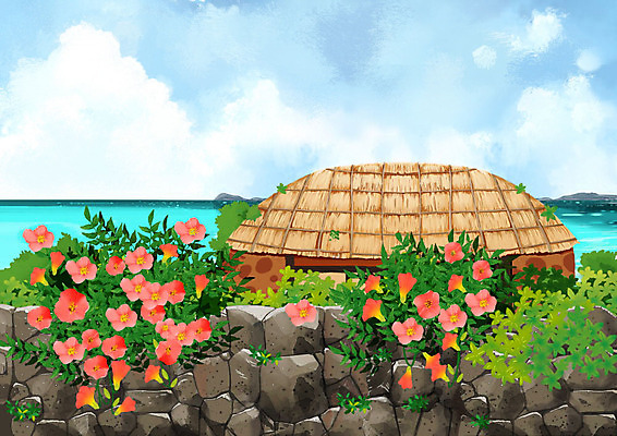 PSD 구름 백그라운드 일러스트 하늘 돌담 초가집 풍경 사람없음 초록색 파란색 제주도 주황색 능소화 제주도여행 국내일러스트 자연요소 꽃 컬러 여행 한옥 한국 담장 돌_바위 파일형식