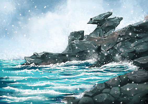 PSD 바다 백그라운드 겨울 일러스트 풍경 사람없음 제주도 회색 바위 눈 용두암 제주도여행 겨울배경 국내일러스트 자연요소 계절 컬러 여행 날씨 한국 암석 돌_바위 파일형식