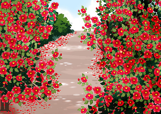 PSD 백그라운드 꽃밭 일러스트 풍경 사람없음 빨간색 제주도 동백 꽃길 제주도여행 국내일러스트 꽃 길 컬러 여행 한국 파일형식