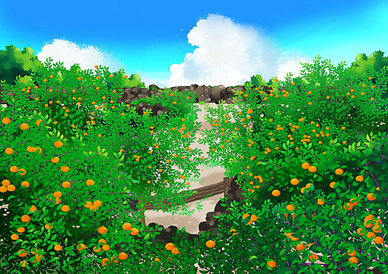 PSD 백그라운드 일러스트 귤 풍경 사람없음 초록색 제주도 농장 제주감귤 감귤나무 감귤밭 제주도여행 국내일러스트 나무 컬러 여행 밭 농업 과일 한국 특산물 파일형식