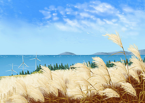 PSD 구름 백그라운드 일러스트 하늘 갈대 풍경 사람없음 파란색 제주도 갈대밭 베이지색 제주도여행 국내일러스트 자연요소 식물 컬러 여행 한국 파일형식 갈대_식물