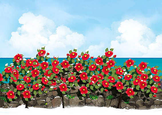 PSD 구름 꽃 바다 하늘색 백그라운드 일러스트 하늘 풍경 사람없음 빨간색 제주도 동백 제주도여행 국내일러스트 자연요소 식물 컬러 여행 한국 파란색 파일형식