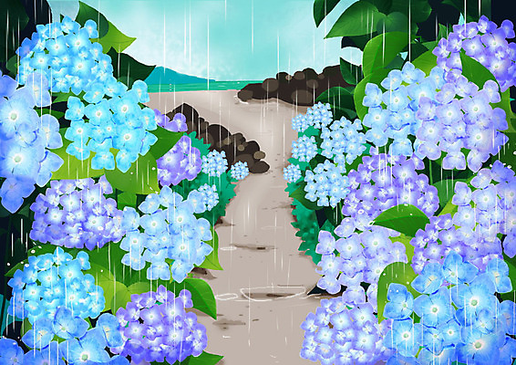 PSD 하늘색 백그라운드 일러스트 풍경 사람없음 제주도 보라색 비 수국 제주도여행 국내일러스트 자연요소 꽃 컬러 여행 날씨 한국 파란색 파일형식