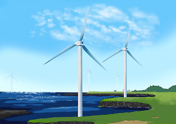 PSD 구름 하늘색 백그라운드 일러스트 하늘 풍경 사람없음 제주도 풍차 그린에너지 풍력에너지 남색 제주도여행 국내일러스트 자연요소 컬러 여행 한국 파란색 에너지 파일형식