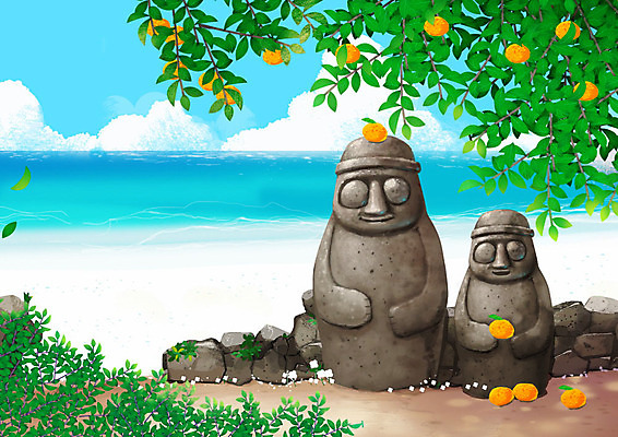 PSD 나무 바다 백그라운드 일러스트 귤 풍경 사람없음 초록색 제주도 돌하르방 제주감귤 제주도여행 국내일러스트 식물 컬러 여행 과일 한국 특산물 파일형식