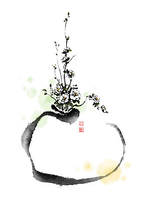 PSD 나무 꽃 화분 줄기 일러스트 캘리그라피 붓터치 사람없음 꽃병 봄 동양화 번짐 낙관 동백 국내일러스트 식물 계절 미술 파일형식 효과