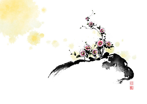 PSD 나무 꽃 화분 줄기 분홍색 일러스트 캘리그라피 붓터치 사람없음 꽃병 봄 동양화 번짐 낙관 동백 국내일러스트 식물 계절 컬러 미술 파일형식 효과