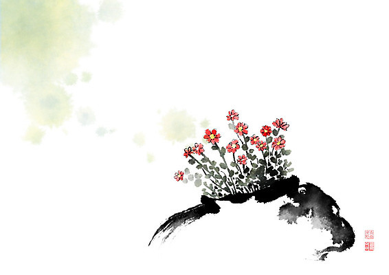 PSD 꽃 화분 줄기 일러스트 캘리그라피 붓터치 사람없음 빨간색 꽃병 봄 동양화 번짐 낙관 국내일러스트 식물 계절 컬러 미술 파일형식 효과