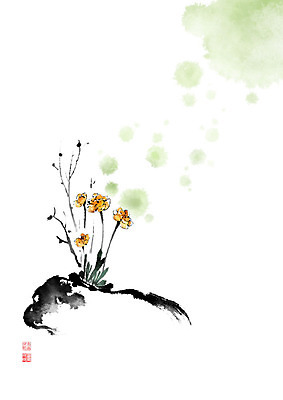 PSD 꽃 화분 줄기 일러스트 캘리그라피 붓터치 사람없음 노란색 꽃병 봄 동양화 번짐 낙관 국내일러스트 식물 계절 컬러 미술 파일형식 효과