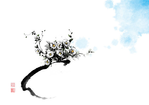 PSD 나무 꽃 화분 줄기 일러스트 캘리그라피 붓터치 사람없음 꽃병 봄 흰색 동양화 번짐 낙관 동백 국내일러스트 식물 계절 컬러 미술 파일형식 효과