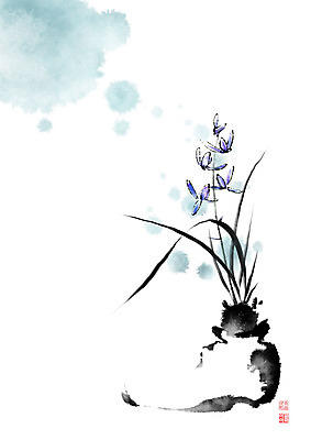 PSD 나무 꽃 화분 줄기 일러스트 캘리그라피 붓터치 사람없음 꽃병 보라색 봄 난초 동양화 번짐 낙관 난초꽃 국내일러스트 식물 계절 컬러 미술 파일형식 효과