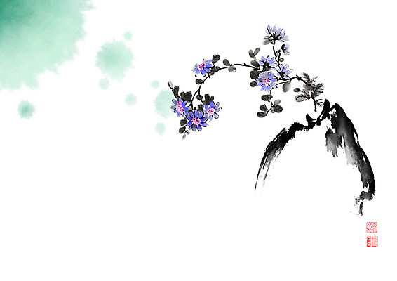 PSD 나무 꽃 화분 줄기 일러스트 캘리그라피 붓터치 국화 사람없음 꽃병 보라색 봄 동양화 소국 번짐 낙관 국내일러스트 식물 계절 컬러 미술 파일형식 효과