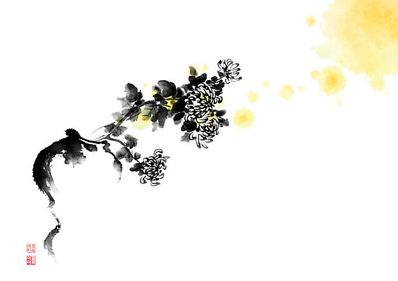 PSD 나무 꽃 화분 줄기 일러스트 캘리그라피 붓터치 국화 사람없음 노란색 꽃병 봄 동양화 번짐 낙관 국내일러스트 식물 계절 컬러 미술 파일형식 효과