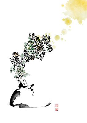 PSD 나무 꽃 화분 줄기 일러스트 캘리그라피 붓터치 국화 사람없음 노란색 꽃병 봄 동양화 번짐 낙관 국내일러스트 식물 계절 컬러 미술 파일형식 효과