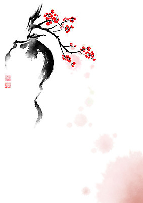 PSD 나무 꽃 화분 줄기 일러스트 캘리그라피 붓터치 사람없음 빨간색 꽃병 봄 동양화 매화 번짐 낙관 국내일러스트 식물 계절 컬러 미술 파일형식 효과