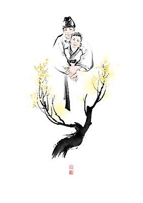 PSD 나무 부부 여자 할아버지 노년 남자 꽃 할머니 잎 일러스트 캘리그라피 포옹 붓터치 사랑 두명 노부부 나뭇가지 한복 번짐 낙관 국내일러스트 식물 한국전통 커플 감정 안기 사람 성인 전통의상 파일형식 효과