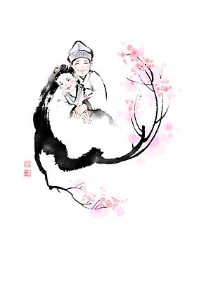 PSD 나무 여자 남자 꽃 어린이 잎 일러스트 캘리그라피 포옹 붓터치 남매 사랑 소녀 소년 두명 친구 나뭇가지 한복 번짐 낙관 어린이만 국내일러스트 식물 한국전통 감정 가족 관계 안기 사람 전통의상 파일형식 효과