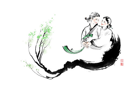 PSD 나무 여자 잎 일러스트 캘리그라피 포옹 붓터치 사랑 두명 나뭇가지 한복 며느리 번짐 낙관 시어머니 고부지간 여자만 국내일러스트 식물 한국전통 감정 안기 사람 전통의상 파일형식 효과 시부모님