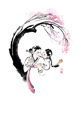 PSD 나무 모자 여자 딸 어린이 잎 일러스트 캘리그라피 포옹 모녀 엄마 붓터치 사랑 성인 두명 나뭇가지 한복 번짐 낙관 여자만 국내일러스트 식물 한국전통 잡화 감정 가족 안기 사람 전통의상 파일형식 효과