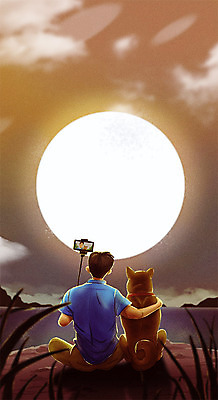 전신 PSD 한마리 남자 반려견 일러스트 어깨동무 산 한명 스마트폰 반려동물 강 사진촬영 달 개 셀프카메라 반려 남자한명만 펫팸족 국내일러스트 자연요소 동물 1 포즈 포유류 사람 핸드폰 스마트기기 촬영 신조어 남자만 파일형식