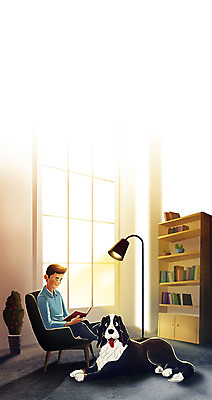 전신 PSD 한마리 남자 화분 반려견 의자 일러스트 창문 휴식 전등 조명 책장 한명 책 반려동물 독서 개 반려 남자한명만 펫팸족 국내일러스트 동물 1 가구 컨셉 포유류 사람 신조어 남자만 파일형식