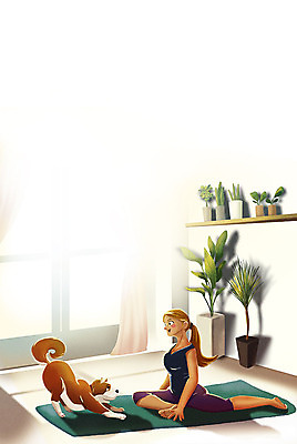 전신 PSD 한마리 여자 화분 반려견 거실 일러스트 요가 창문 한명 반려동물 운동 스트레칭 매트 커튼 개 반려 여자한명만 펫팸족 국내일러스트 동물 1 웰빙 포유류 건강 사람 신조어 여자만 파일형식