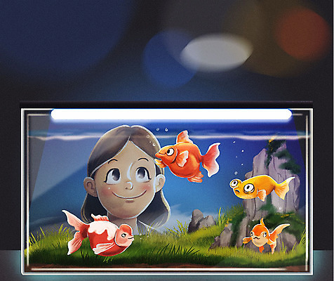 PSD 여자 여러마리 일러스트 조명 한명 상반신 물 돌_바위 수조 어항 구경 금붕어 반려 여자한명만 펫팸족 국내일러스트 자연요소 1 다수 어류 사람 신조어 여자만 파일형식