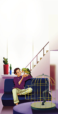 전신 PSD 한마리 남자 화분 거실 일러스트 창문 탁자 한명 계단 앵무새 새장 반려 남자한명만 펫팸족 국내일러스트 1 가구 조류 사람 신조어 케이지 남자만 파일형식