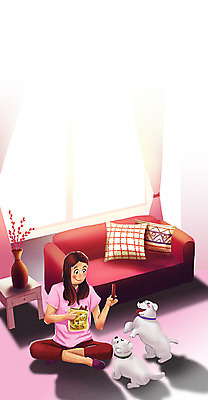 전신 PSD 여자 화분 반려견 쿠션 두마리 거실 일러스트 창문 탁자 한명 반려동물 점프 개 강아지 반려 애견간식 여자한명만 펫팸족 국내일러스트 동물 1 가구 2 포유류 모션 사람 신조어 여자만 파일형식