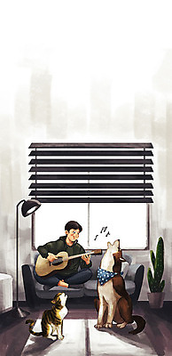 전신 PSD 남자 화분 반려견 두마리 거실 일러스트 노래 창문 전등 한명 반려동물 고양이 회색 기타 개 반려 남자한명만 반려묘 펫팸족 국내일러스트 동물 1 음악 컬러 2 포유류 현악기 조명 사람 신조어 남자만 파일형식