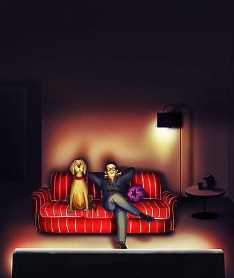 전신 PSD 한마리 남자 반려견 거실 일러스트 탁자 전등 한명 반려동물 소파 감상 개 영화 반려 남자한명만 펫팸족 집콕 홈시네마 국내일러스트 동물 1 가구 의자 포유류 문화예술 조명 사람 신조어 남자만 파일형식 앳홈라이프